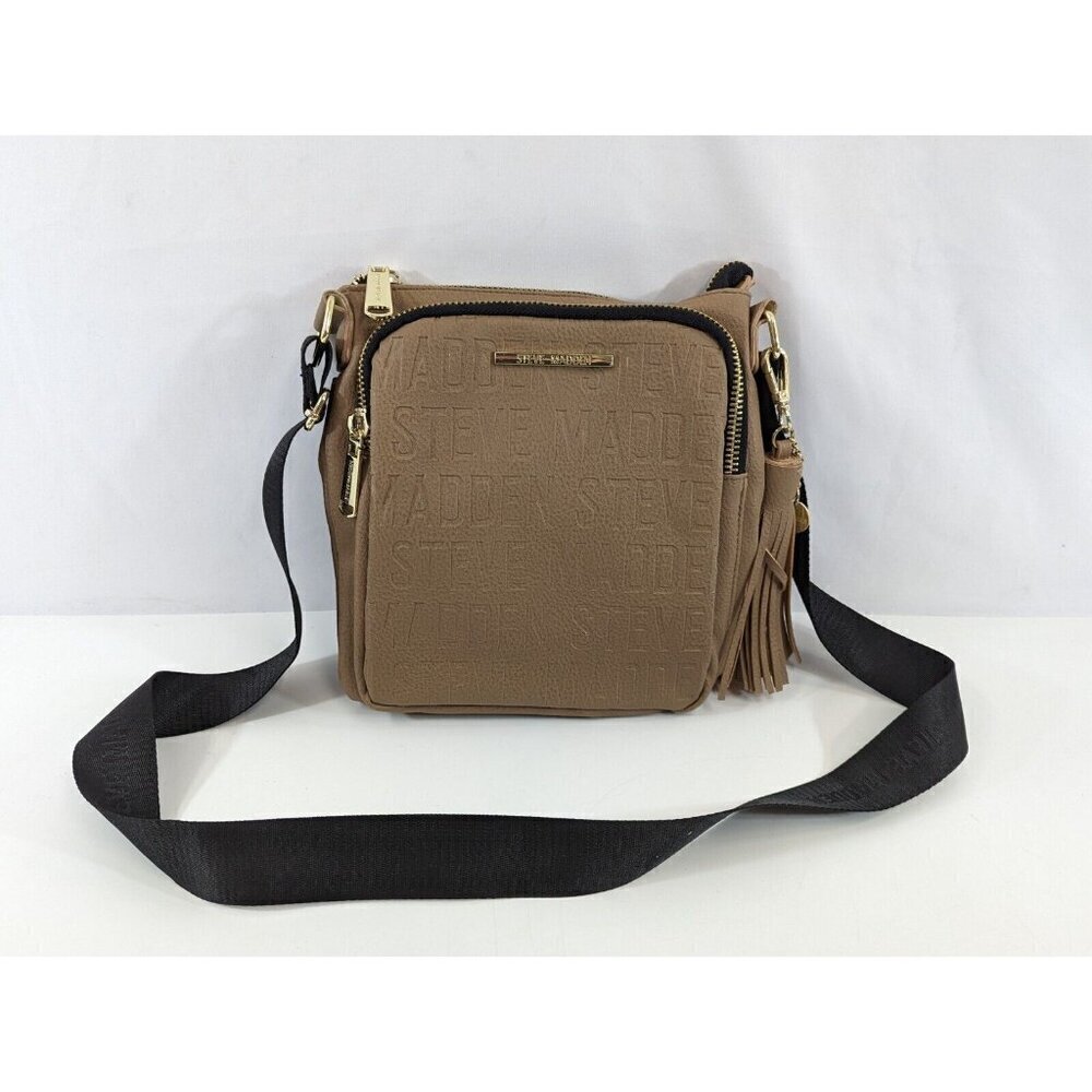 Steve Madden Crossbody Bag Tan Purse Fringe Detail Black Strap Gold Tone NEW